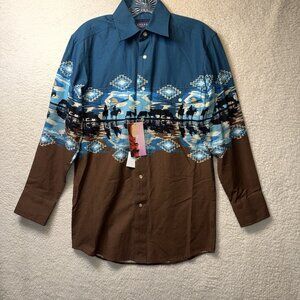 Panhandle Mens Cowboy Border Print Blue Pearl Snap Shirt Men’s XS NWT